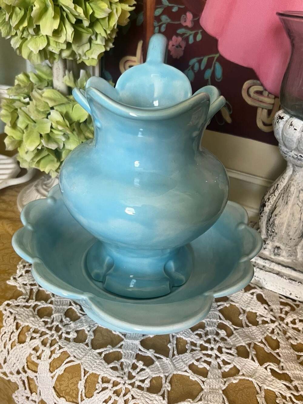 Vintage Atlantic Mold Turquoise Ceramic Pitcher and Basin Wash Set
